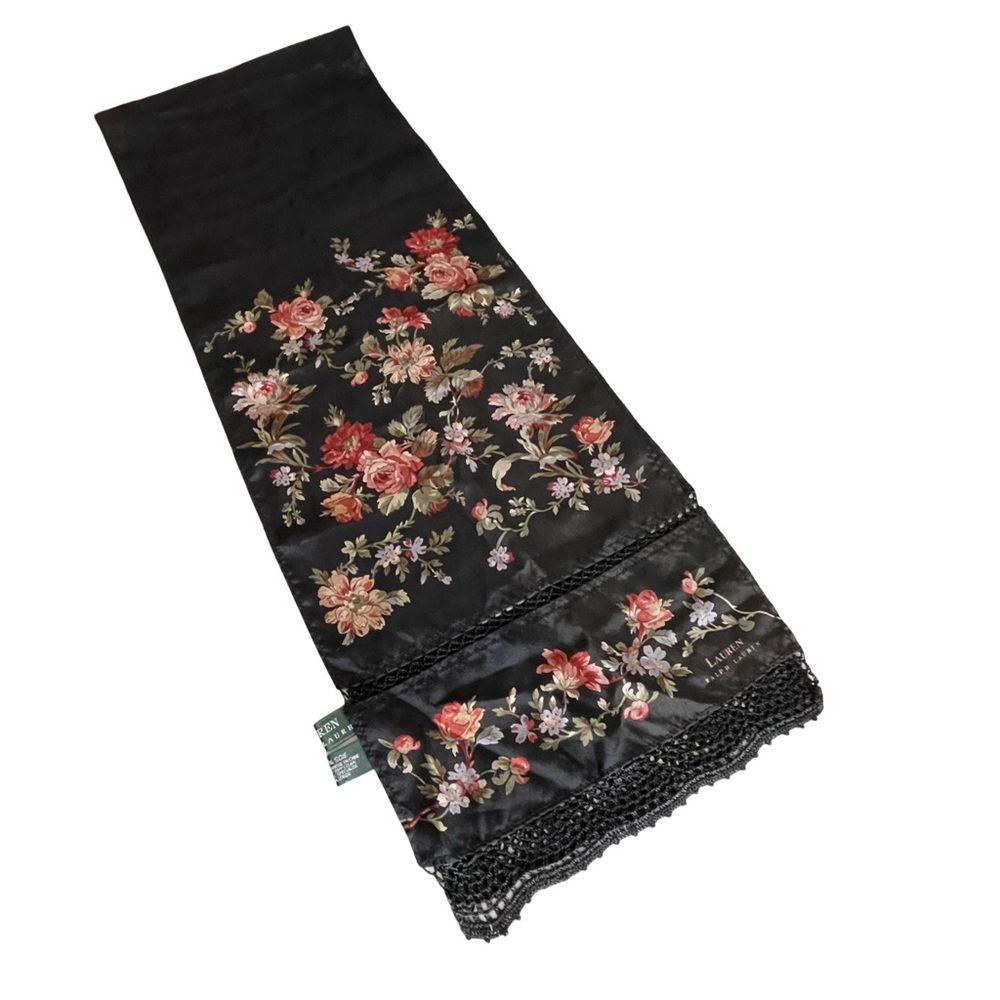 Ralph Lauren 100% Silk Black Floral Scarf Crochet Lace Trim Romantic